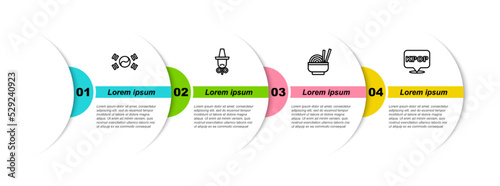 Set line South Korea flag, Korean hat, Asian noodles in bowl and K-pop. Business infographic template. Vector