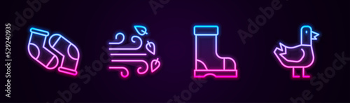 Set line Socks, Windy weather, Waterproof rubber boot and Dove. Glowing neon icon. Vector