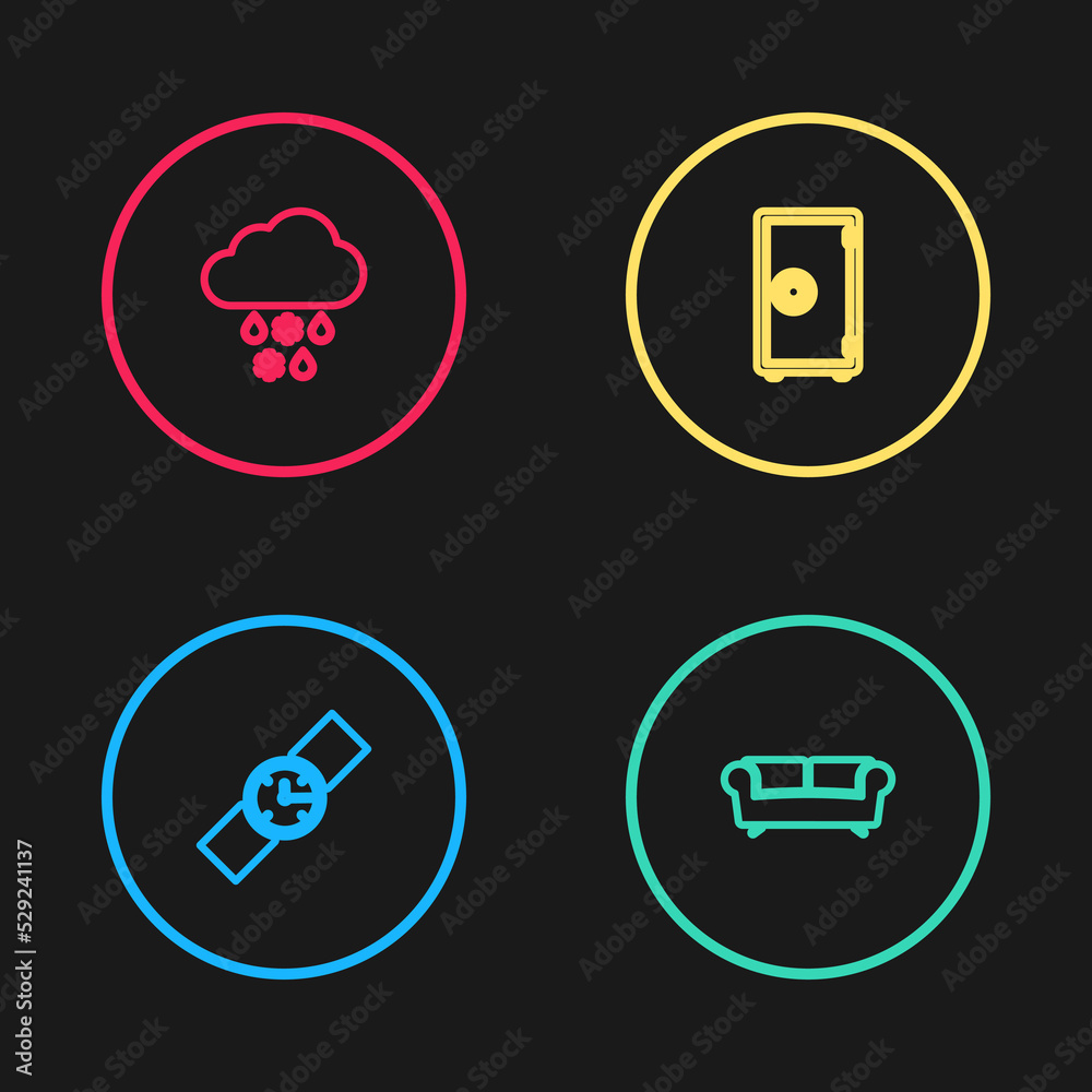 Set line Wrist watch, Sofa, Safe and Cloud with snow and rain icon. Vector Set line Wrist watch, Sofa, Safe and Cloud with snow and rain icon. Vector