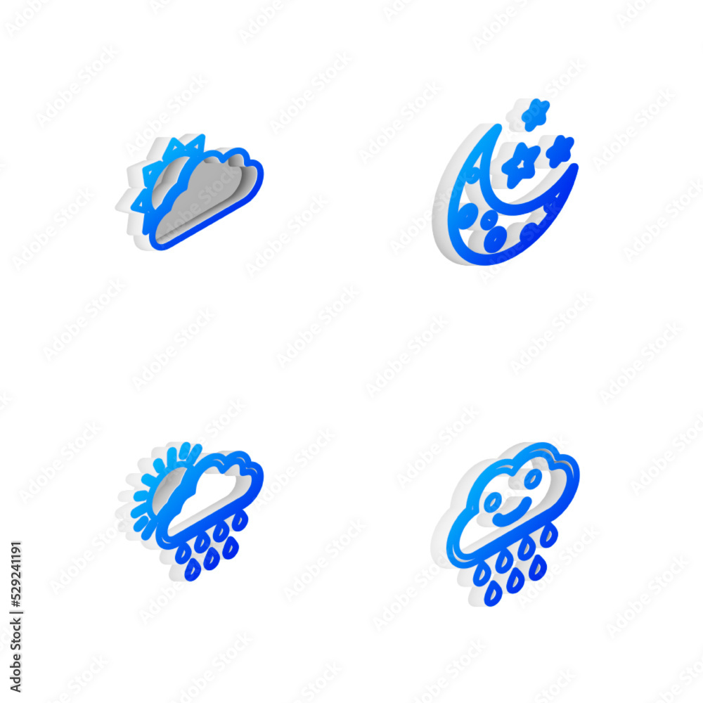 Fototapeta premium Set Isometric line Moon and stars, Sun cloud weather, Cloud with rain sun and icon. Vector