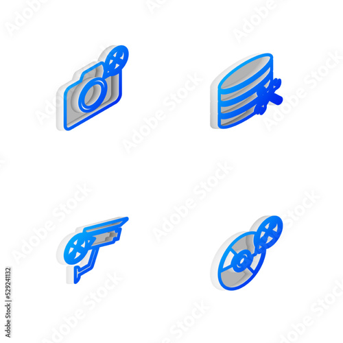 Set Isometric line Database server service  Photo camera  Security and CD or DVD disk icon. Vector