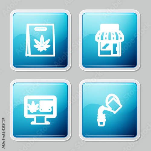 Set line Shopping bag of marijuana, Marijuana and cannabis store, Online buying and Watering icon. Vector