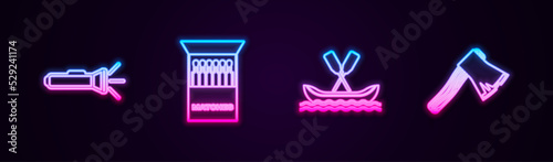 Set line Flashlight, Open matchbox and matches, Rafting boat and Old wooden axe. Glowing neon icon. Vector