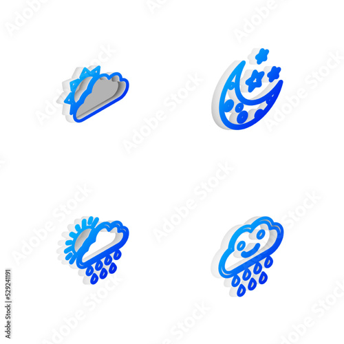 Set Isometric line Moon and stars, Sun cloud weather, Cloud with rain sun and icon. Vector