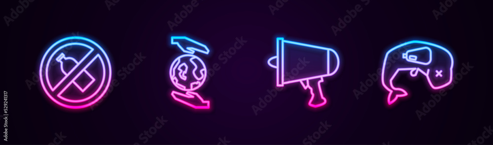 Set line No plastic bottle, Hands holding Earth globe, Spread the word, megaphone and Environment protection whale dead. Glowing neon icon. Vector