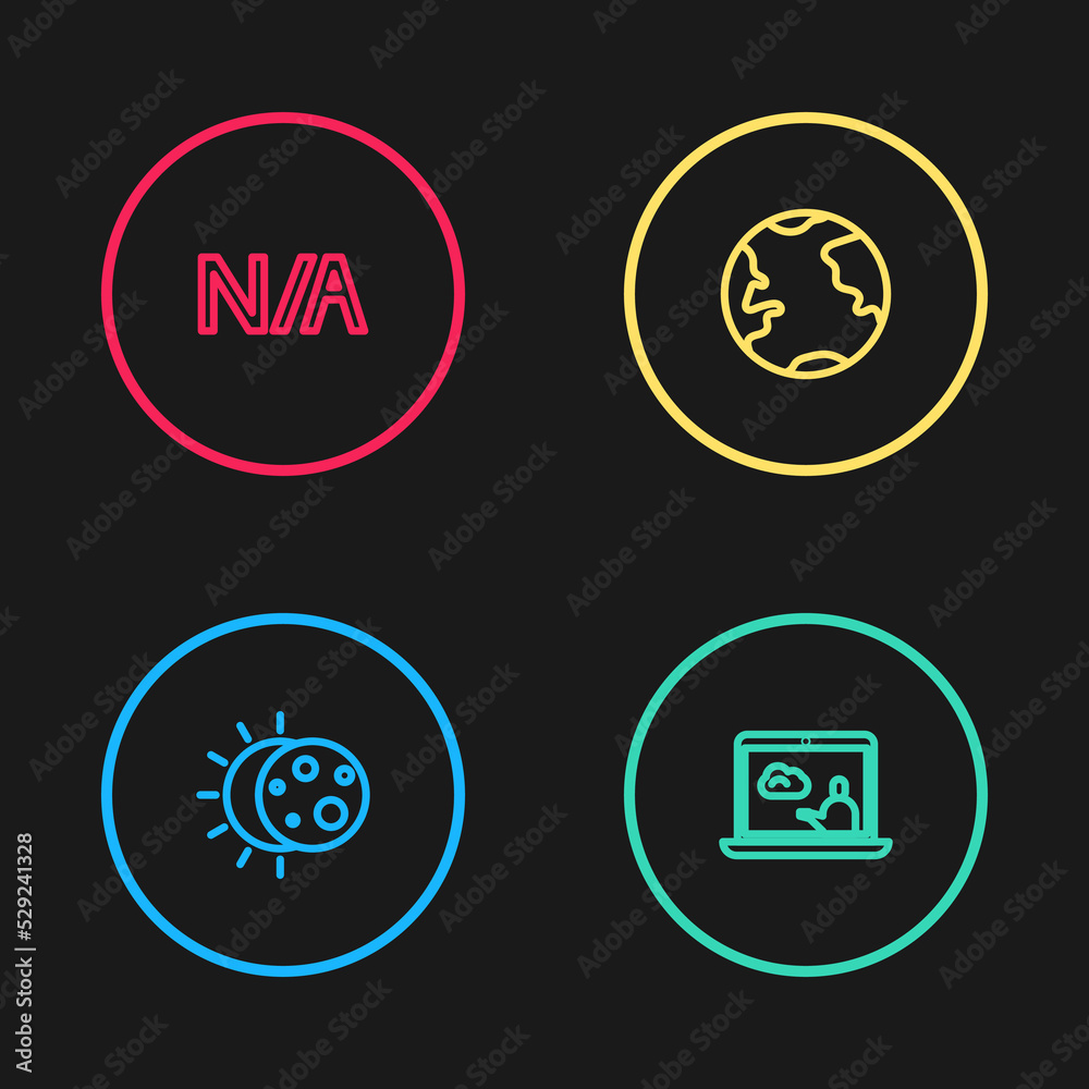 Set line Eclipse of the sun, Weather forecast, Earth globe and Not applicable icon. Vector Set line Eclipse of the sun, Weather forecast, Earth globe and Not applicable icon. Vector