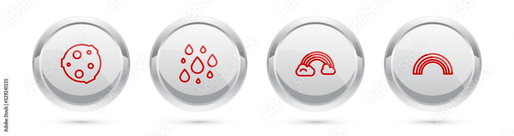 Set line Moon, Water drop, Rainbow with clouds and . Silver circle button. Vector Set line Moon, Water drop, Rainbow with clouds and . Silver circle button. Vector