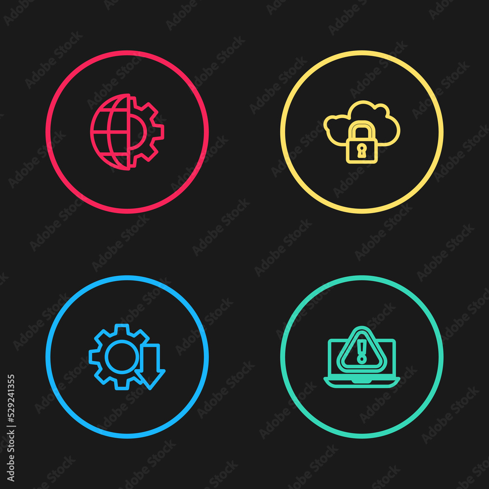 Set line Cost reduction, Laptop with exclamation mark, Cloud computing lock and Globe of the Earth and gear icon. Vector