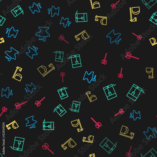 Set line Anvil for blacksmithing hammer, Well with bucket, Executioner axe tree block and Medieval on seamless pattern. Vector