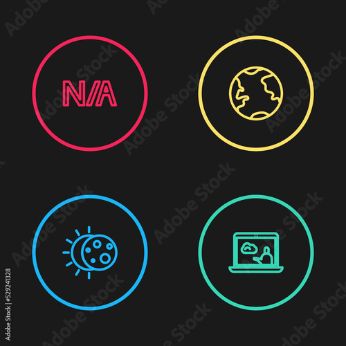 Set line Eclipse of the sun, Weather forecast, Earth globe and Not applicable icon. Vector
