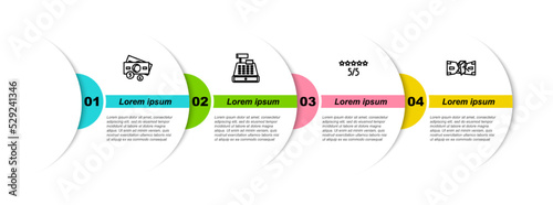 Set line Stacks paper money cash, Cash register machine, Consumer or customer product rating and Crumpled. Business infographic template. Vector