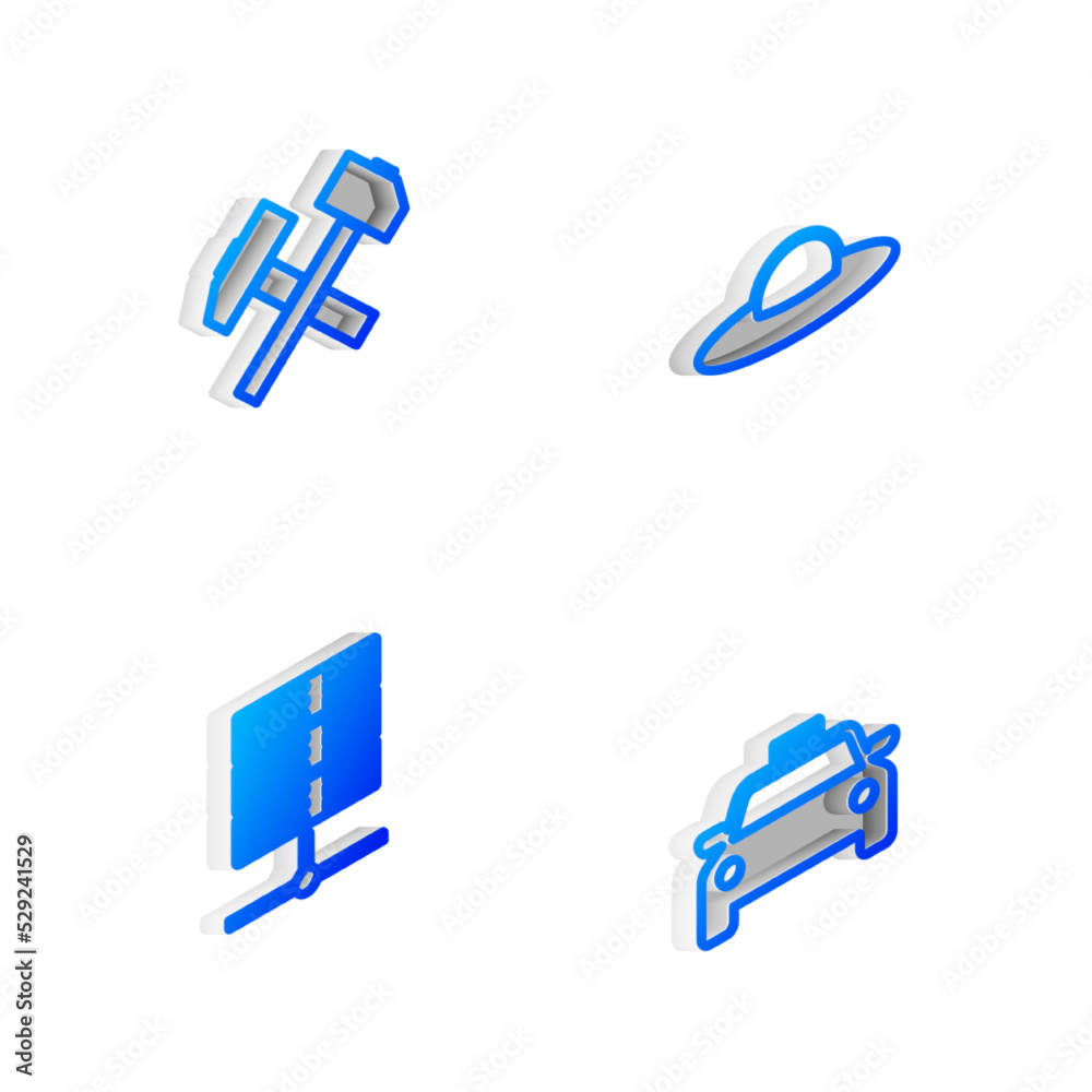 Set Isometric line UFO flying spaceship, Two crossed hammers, Server, Data, Web Hosting and Taxi car icon. Vector Set Isometric line UFO flying spaceship, Two crossed hammers, Server, Data, Web Hosting and Taxi car icon. Vector