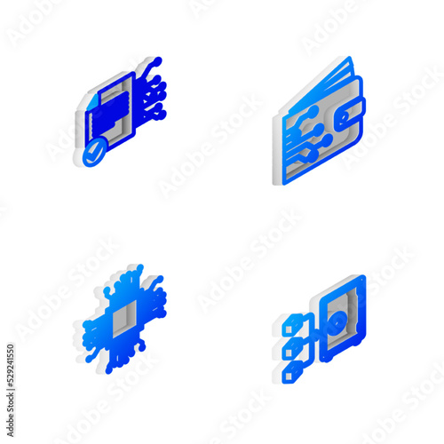 Set Isometric line Cryptocurrency wallet, Smart contract, Processor and Proof of stake icon. Vector