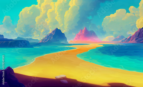 Beach and Coast Fantasy Game Background, Bright and Realistic Illustration Backdrop