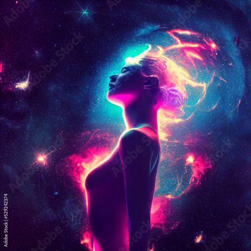 universe inside human, artistic multicolored dimensional galactic nebula. photo