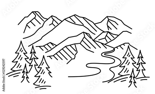 Mountain forest and river landscape. Line sketch. Vector illustration. Editable outline stroke thickness.