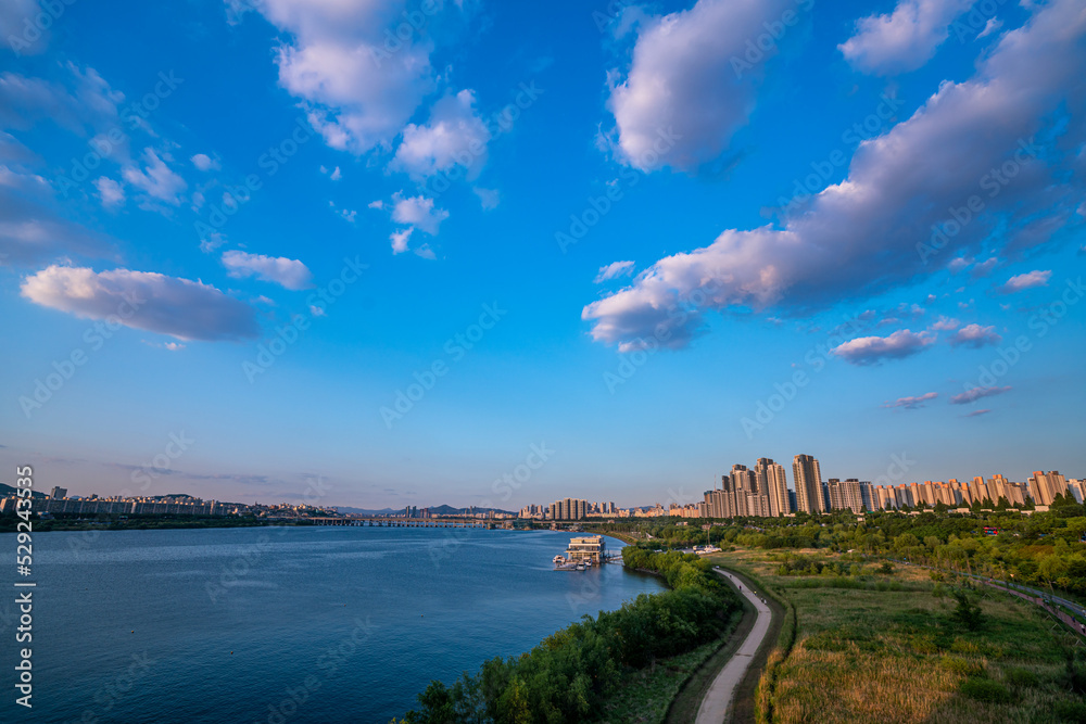 Han River and Waterside Park on a Sunny Day