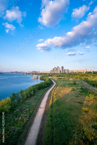Han River and Waterside Park on a Sunny Day