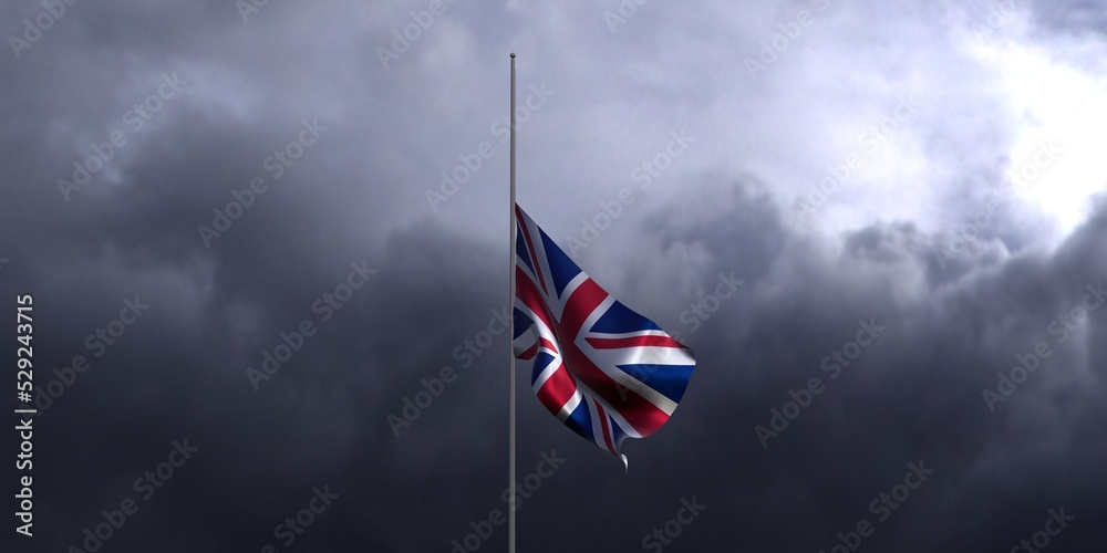 UK flag in half mast. United Kingdom flag against dark dramatic cloudy sky. 3D render British flag illustration