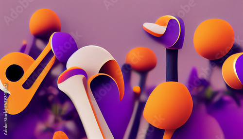 Fototapeta Naklejka Na Ścianę i Meble -  abstract wallpaper of pipes, flowers, musical instruments and butterflies in orange and purple colors