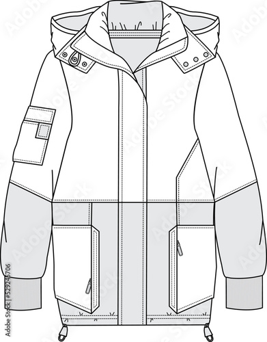 Winter coat jacket with hooded pockets and wide cuffs. Sewing and trim details. Editable mockup photo
