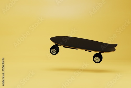 active sport. skateboard on a yellow background. copy paste, copy space. 3d render