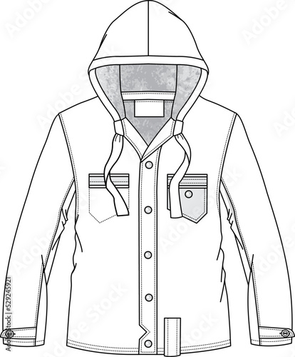 Technical design of a modern men's jacket with hood and differentiated pockets, detailed autumn-winter collection.