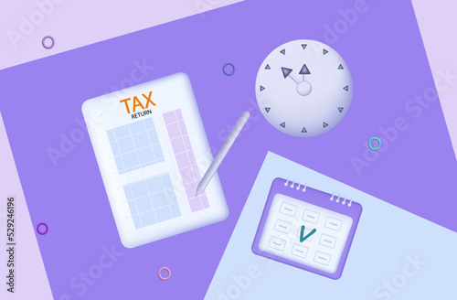 Time to complete and submit tax return, top view 3d. Clock with final report or paper document. Deadline, income, clock, calendar. Filling out information on time. Accounting audit concept, vector.