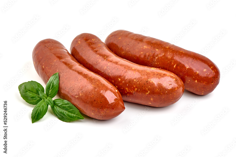 Smoked sausages, isolated on white background. Smoked sausages, isolated on white background.