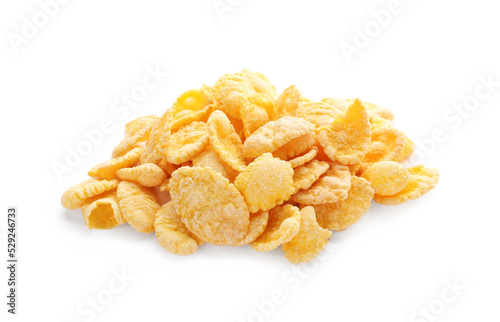Pile of tasty corn flakes on white background