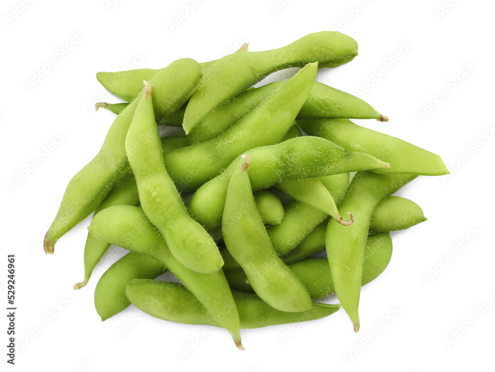 Raw green edamame pods on white background, top view Raw green edamame pods on white background, top view