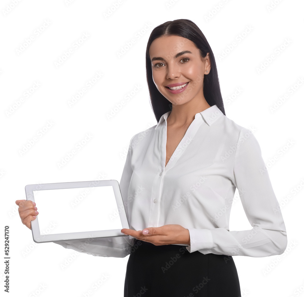 Portrait of hostess in uniform with tablet on white background Portrait of hostess in uniform with tablet on white background
