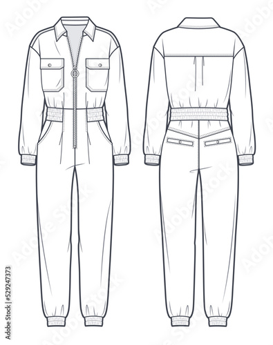 Unisex Dungaree technical fashion Illustration. Zip up  Jumpsuit fashion flat technical drawing template, oversized, pockets, long sleeve, front, back view, white, women, men, unisex CAD mockup.