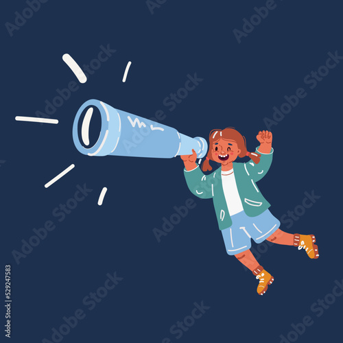 Cute little girl with telescope looking at stars in evening