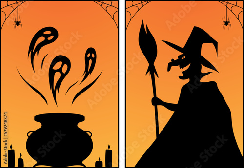 Halloween Cards Set. Witch and ghosts.