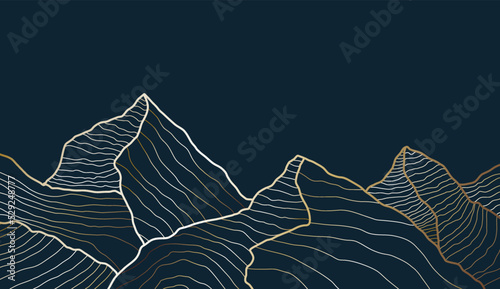 Night mountain landscape in one line style, with golden lines and framing. Mountain golden night, vector background. For prints, banners, printing, postcards, background.