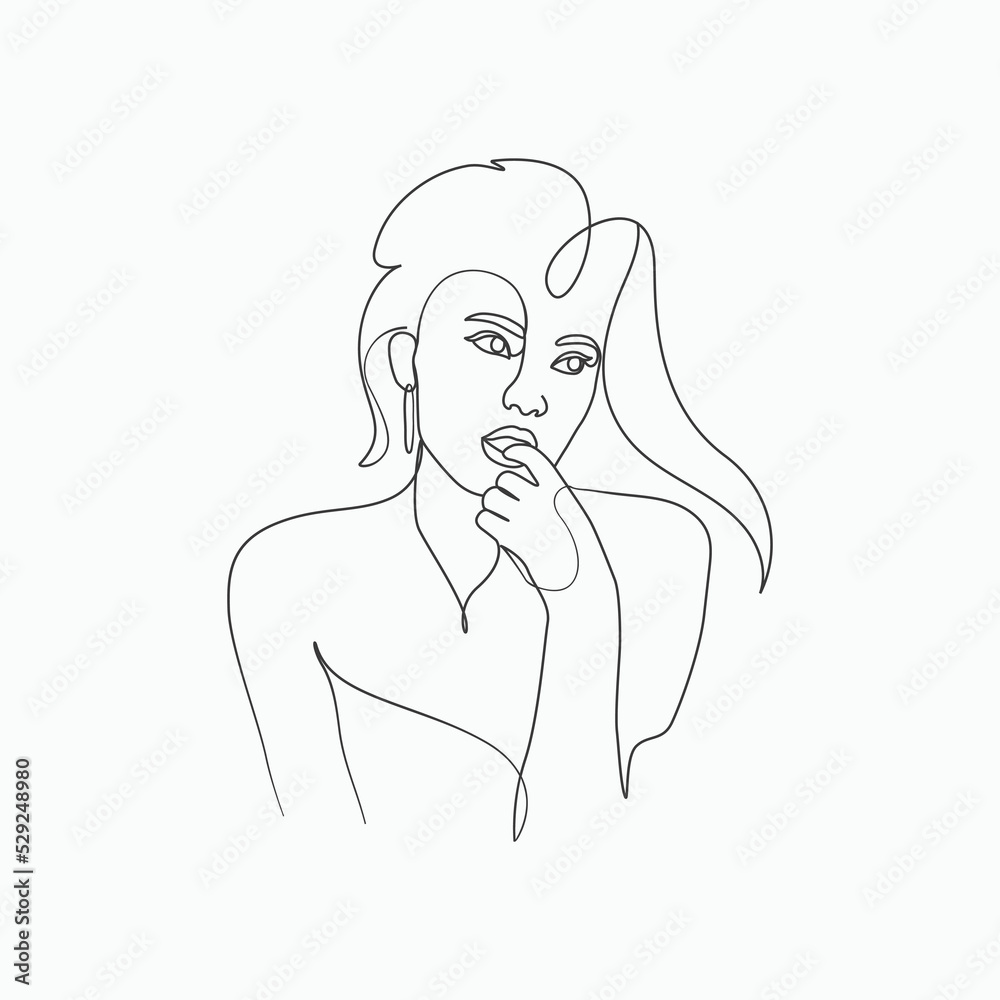 Beauty charming lady fingered her lips elegant line art flat vector style Beauty charming lady fingered her lips elegant line art flat vector style