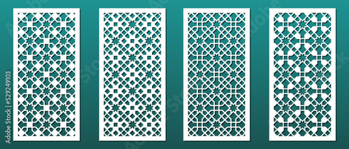 Laser cut panels, islamic arabian design pattern, geometric ornament. Home decor, wall art, papercut background, die stencil, decorative tile screen. Vector illustration photo