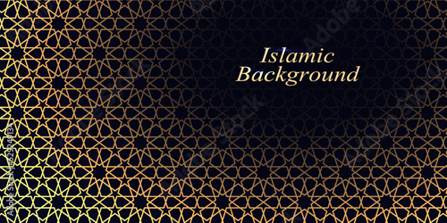 Abstract arabesque background, Islamic geometric pattern, gold on black design for banner or poster. Traditional Moroccan ornament. Vector illustration