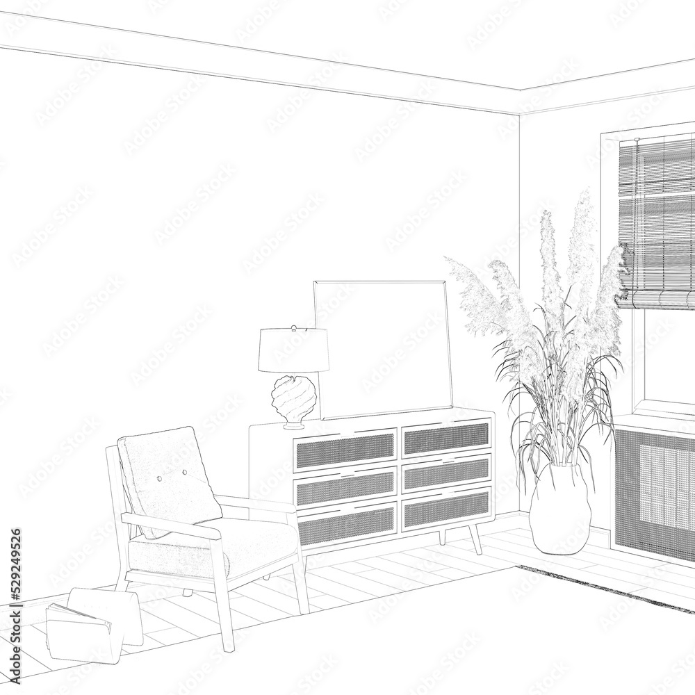 Fototapeta premium A sketch of the cozy room with a lamp, a horizontal poster on a chest of drawers with rattan drawers, a newspaper stand next to a chair with ears of corn next to a window with bamboo blinds. 3d render