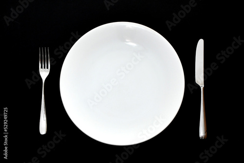 Fotografie, Obraz Stainless steel knife and fork and empty white dinner plate on a plain back background