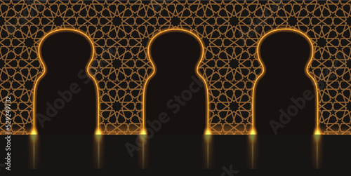 Arabic palace with gates gold neon glowing light. Islamic Moroccan design wall pattern, podium stage platform. Virtual reality background. Vector illustration photo