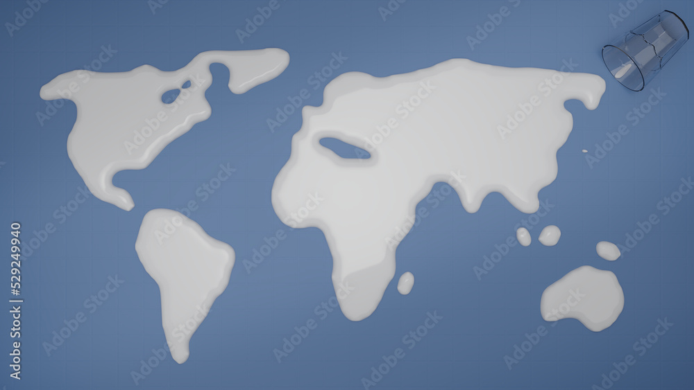 World or Global Map created by spilled Milk from Glass.  Blue Surface. 3D render.