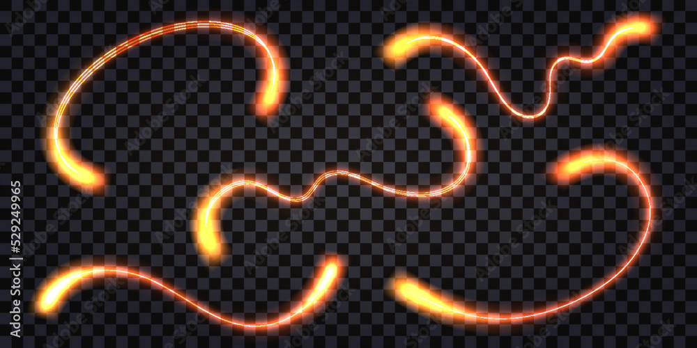 Glowing fiery wave swirl set, red hot light trail, neon glow effect. Lightning thunder bolt, dynamic impulse, electric shock, flash explosion. Isolated transparent vector illustration
