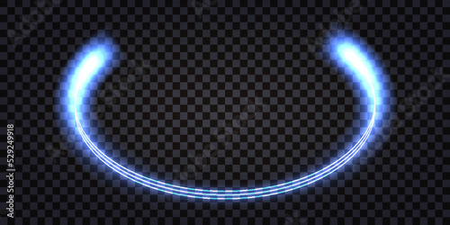 Blue neon arc swirl with glowing light effect. Laser beam glow, lightning thunder bolt, electric inpulse shock. Cyber futuristic luminous twirl isolated, vector illustration