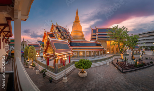 Panoramic view of Wat Ratchabiton, high angle, in the heart of Bangkok, Thailand, the moment after the sunset. photo
