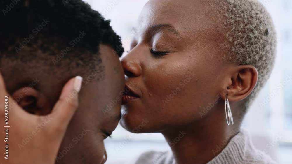 Love, comfort and happy black couple giving hug, kiss and commitment in sequence while sharing a romantic moment. Closeup of African man and woman in a healthy marriage and relationship