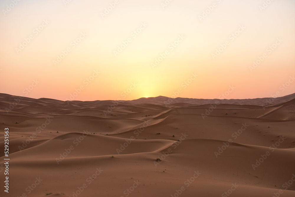 Dunes in the Sahara desert at sunrise, the desert near the town of Merzouga, a beautiful African landscape