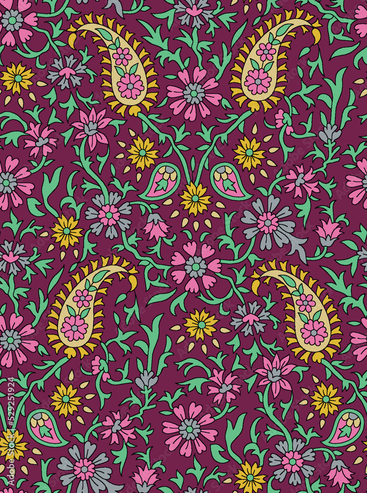 Colorful Paisley Kalamkari Seamless Fabric Design