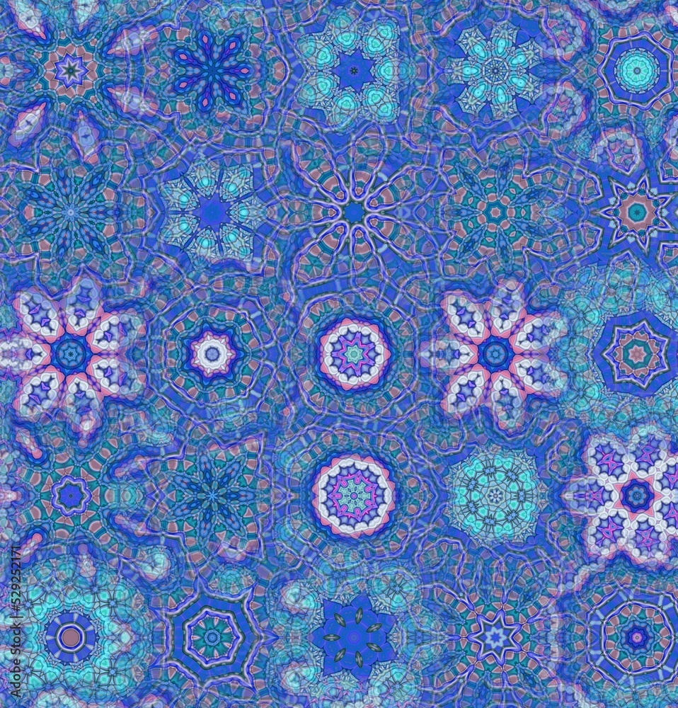 Beautiful ornament design of frozen water clumping and blooming crystal blue color. Kaleidoscope concept and seamless pattern. Great for businesses, websites and art collectors